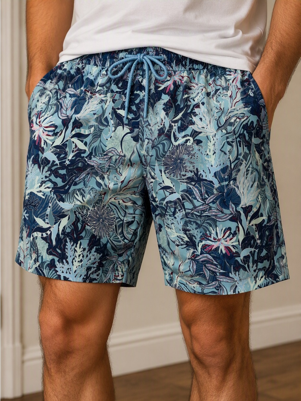 NWT Caribbean Men's XXL Blue Tropical Print Drawstring Shorts